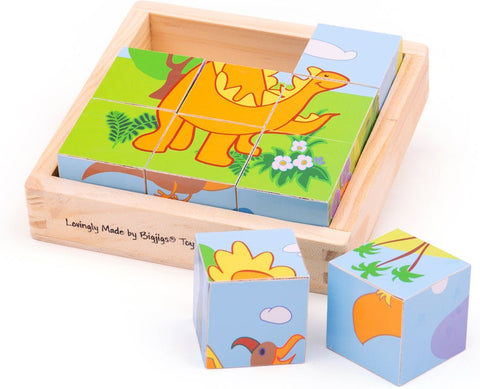 Wooden Dinosaur Cube Puzzle-2-12 Piece Jigsaw, Bigjigs Toys, Dinosaurs. Castles & Pirates, Down Syndrome, Gifts For 2-3 Years Old, Imaginative Play, Sound. Peg & Inset Puzzles, Stock-Learning SPACE